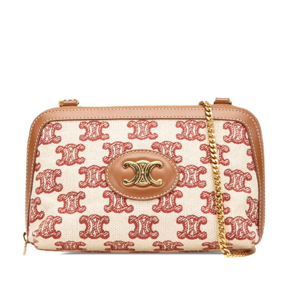 Celine Triomphe Chain Shoulder Bag in Beige and Brown Canvas Leather for Women. - Picture 1 of 10